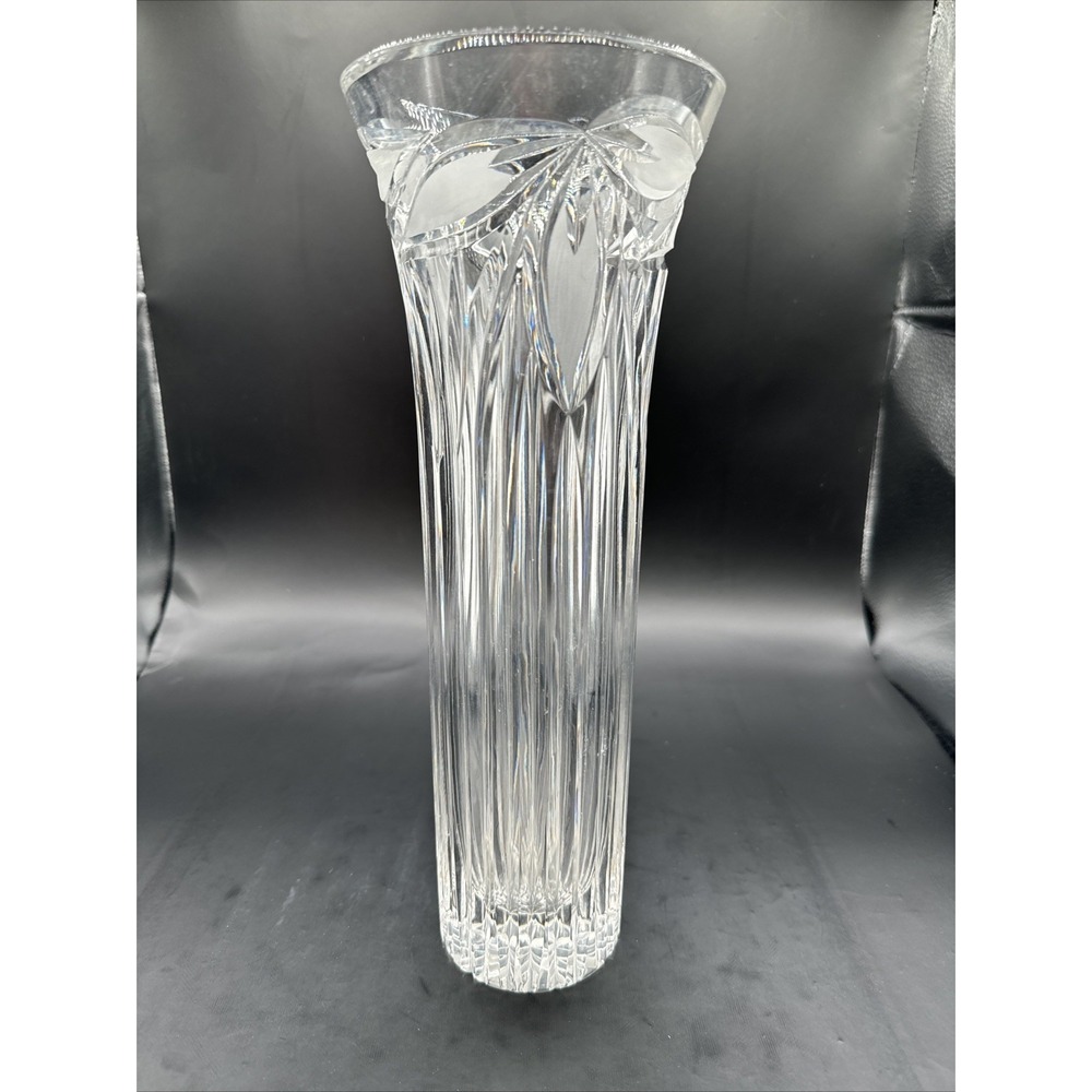 Crystal Vase Slim Swirl Floral Clear Unmarked 13" Tall